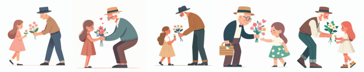 vector grandfather giving flowers to girl