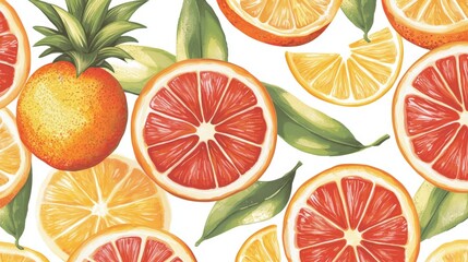 A colorful pattern of sliced oranges and lemons with vibrant leaves, creating a fresh and citrusy design.