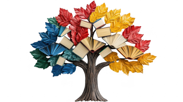 Artistic Tree with Colorful Leaves and Books as Branches