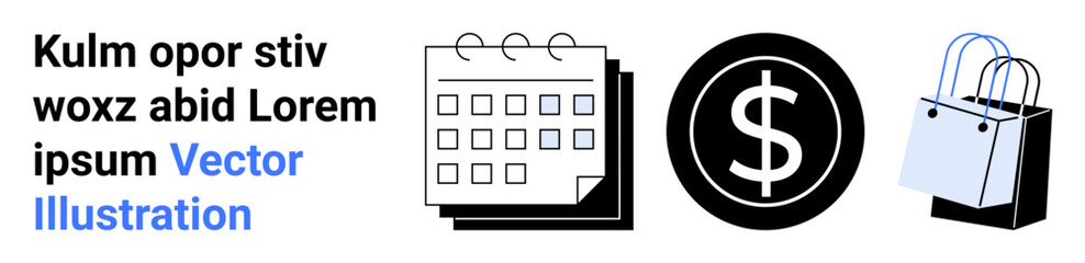 Calendar icon for scheduling, dollar sign for finance, and shopping bag for retail. Ideal for business, planning, finance, shopping, marketing e-commerce and budgeting. Flat landing page banner
