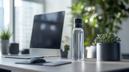 Modern Office Desk with Water Bottle and Green Plants in Focus