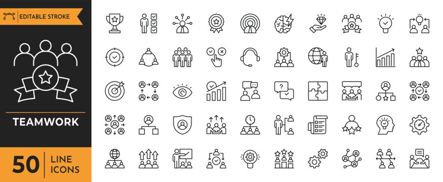 Teamwork icon set. Containing Business teamwork, human resources, meeting, partnership, meeting, work group, Work group, and more. Vector illustration
