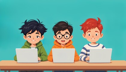 Kids using laptops, teamwork, technology, education, Three kids working together on laptops. Education, technology, teamwork concept.