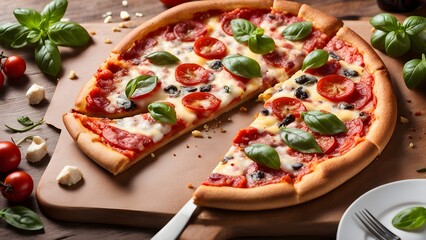 A mouthwatering pepperoni pizza, topped fresh basil cherry tomatoes, sits a wooden board.