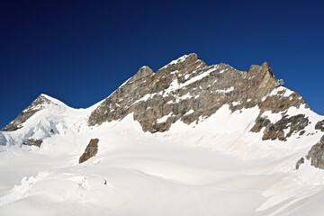 View from Jungfrau Firn to Jungfrau 4,158 meter high mountain, Jungfraujoch, Sphinxs and Bernese...
