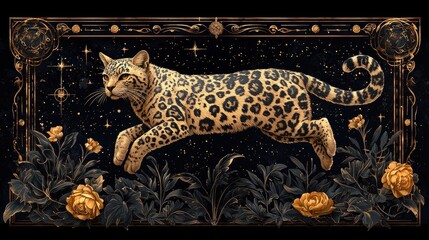 A majestic leopard leaps through a starry night, framed by lush flowers