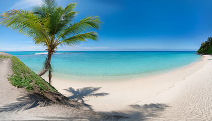 Obraz premium Un paisaje relajante en una playa del caribe con arena fina, palmera y un mar azul turquesa,