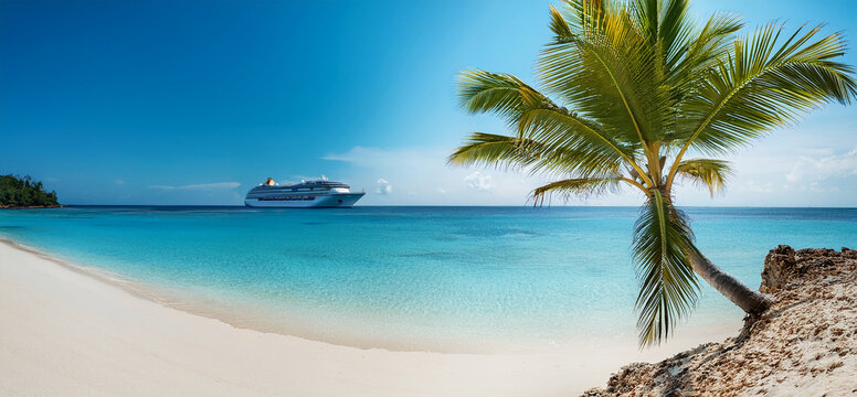 Un paisaje relajante en una playa del caribe con arena fina, palmera y un mar azul turquesa con un barco de crucero al fondo