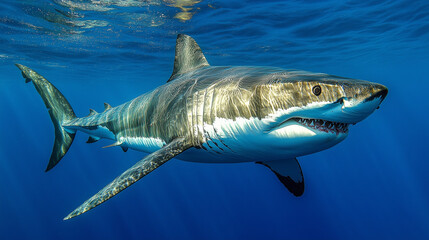 Fototapeta premium Sleek megalodon glides through deep waters, contrasting with a bulky silhouette in the background, embodying elegance and power.