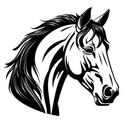 Stylized horse head illustration in black and white, perfect for logos, tattoos, and graphic design projects.