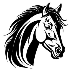 Stylized horse head illustration in black and white, perfect for logos, tattoos, and graphic design projects.