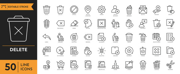 Delete icon set. Containing delete button, trash, undo, throw, remove, and more. Vector illustration