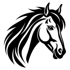 Stylized horse head illustration in black and white, perfect for logos, tattoos, and graphic design projects.