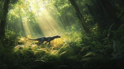 Obraz premium Sleek Talenkauen darting through a dense fern covered forest its agile body weaving through the undergrowth Sunlight filters through the leaves casting dappled patterns on the forest floor