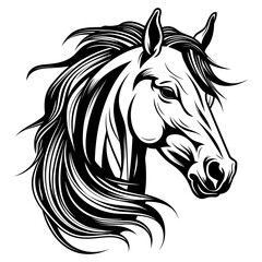 Stylized horse head illustration in black and white, perfect for logos, tattoos, and graphic design projects.