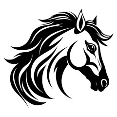 Stylized horse head illustration in black and white, perfect for logos, tattoos, and graphic design projects.