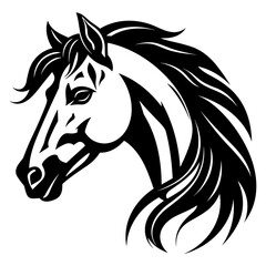 Stylized horse head illustration in black and white, perfect for logos, tattoos, and graphic design projects.