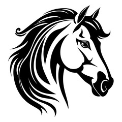 Stylized horse head illustration in black and white, perfect for logos, tattoos, and graphic design projects.