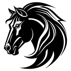 Stylized horse head illustration in black and white, perfect for logos, tattoos, and graphic design projects.
