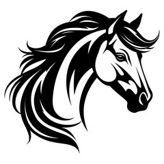 Stylized horse head illustration in black and white, perfect for logos, tattoos, and graphic design projects.