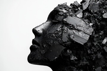 A monochrome artwork depicting a face formed from broken textures
