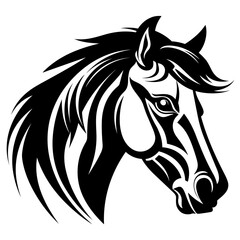 Stylized horse head illustration in black and white, perfect for logos, tattoos, and graphic design projects.