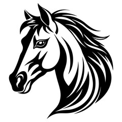 Stylized horse head illustration in black and white, perfect for logos, tattoos, and graphic design projects.