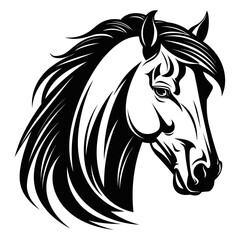 Stylized horse head illustration in black and white, perfect for logos, tattoos, and graphic design projects.