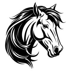 Stylized horse head illustration in black and white, perfect for logos, tattoos, and graphic design projects.