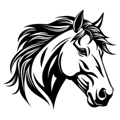 Stylized horse head illustration in black and white, perfect for logos, tattoos, and graphic design projects.