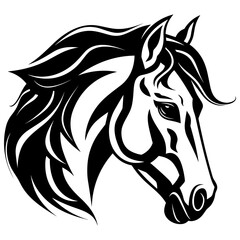 Stylized horse head illustration in black and white, perfect for logos, tattoos, and graphic design projects.