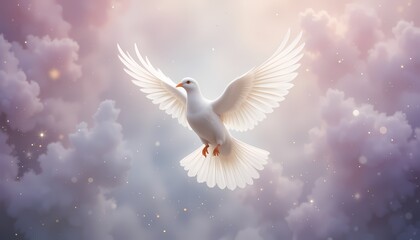 Obraz premium White Dove in Heavenly Clouds, Peaceful dove soaring through celestial clouds.