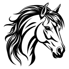 Stylized horse head illustration in black and white, perfect for logos, tattoos, and graphic design projects.