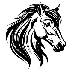 Stylized horse head illustration in black and white, perfect for logos, tattoos, and graphic design projects.