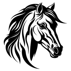 Stylized horse head illustration in black and white, perfect for logos, tattoos, and graphic design projects.