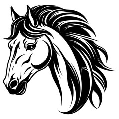 Stylized horse head illustration in black and white, perfect for logos, tattoos, and graphic design projects.