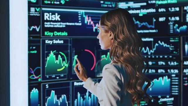 Young businesswoman using touch hologram screen in a futuristic AI environment.