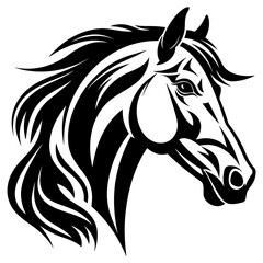 Stylized horse head illustration in black and white, perfect for logos, tattoos, and graphic design projects.