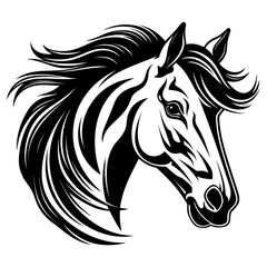 Stylized horse head illustration in black and white, perfect for logos, tattoos, and graphic design projects.