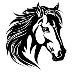 Stylized horse head illustration in black and white, perfect for logos, tattoos, and graphic design projects.