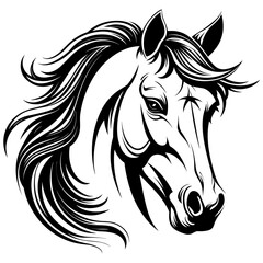 Stylized horse head illustration in black and white, perfect for logos, tattoos, and graphic design projects.