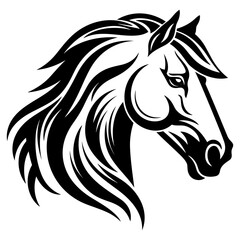 Stylized horse head illustration in black and white, perfect for logos, tattoos, and graphic design projects.