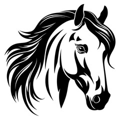 Stylized horse head illustration in black and white, perfect for logos, tattoos, and graphic design projects.