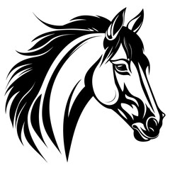 Stylized horse head illustration in black and white, perfect for logos, tattoos, and graphic design projects.