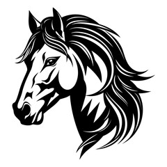 Stylized horse head illustration in black and white, perfect for logos, tattoos, and graphic design projects.