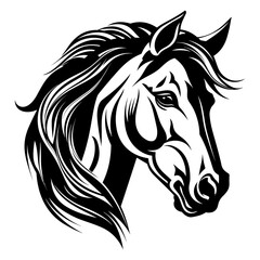 Stylized horse head illustration in black and white, perfect for logos, tattoos, and graphic design projects.