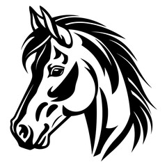 Stylized horse head illustration in black and white, perfect for logos, tattoos, and graphic design projects.