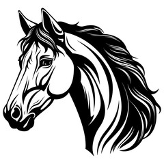 Stylized horse head illustration in black and white, perfect for logos, tattoos, and graphic design projects.