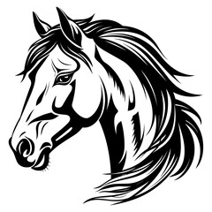 Stylized horse head illustration in black and white, perfect for logos, tattoos, and graphic design projects.