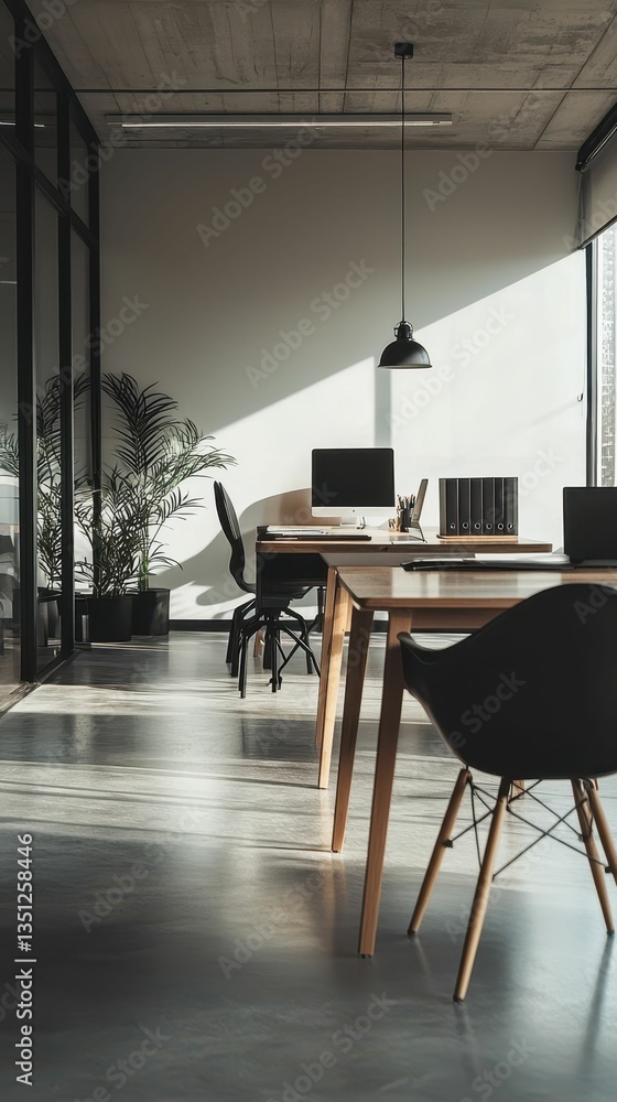 Poster modern minimal office space emphasizing simplicity and functionality